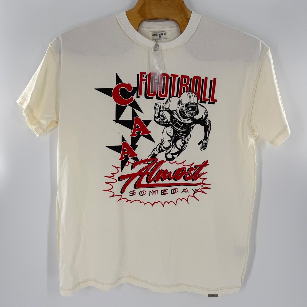 Almost Someday ALSD Football Graphic T-Shirt Cream Off-White Men 2XL Distressed